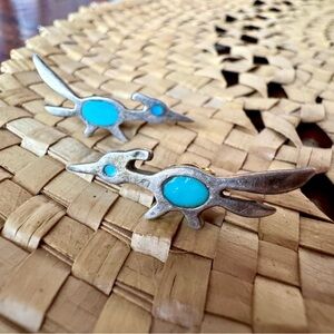 Harvey Era Turquoise & Sterling Silver ROADRUNNER Post Earrings Navajo Vintage
